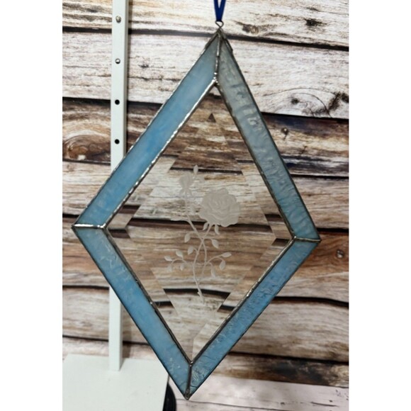 Diamond Shaped Stained Glass Hand Made Window Hanging Blue Etched Rose 11.5x7.5” - Picture 7 of 11